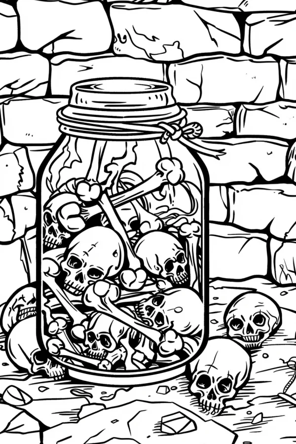 Glass jar filled with skulls and bones, dark horror style — free printable darkness coloring book page