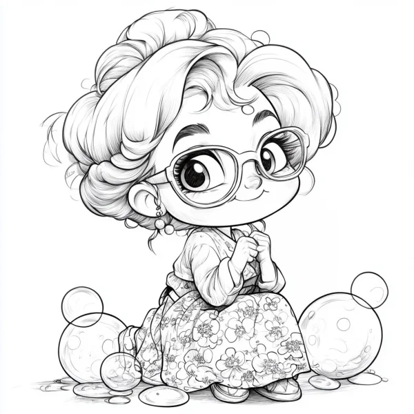 Cute cartoon curly-haired grandma with big round glasses, floral patterned dress — free printable cartoon characters coloring book page