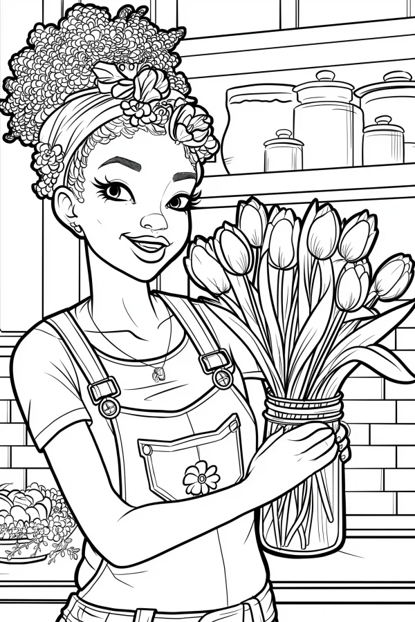 Curly-haired girl holding a jar of tulips, cartoon style — free printable character theme coloring book page