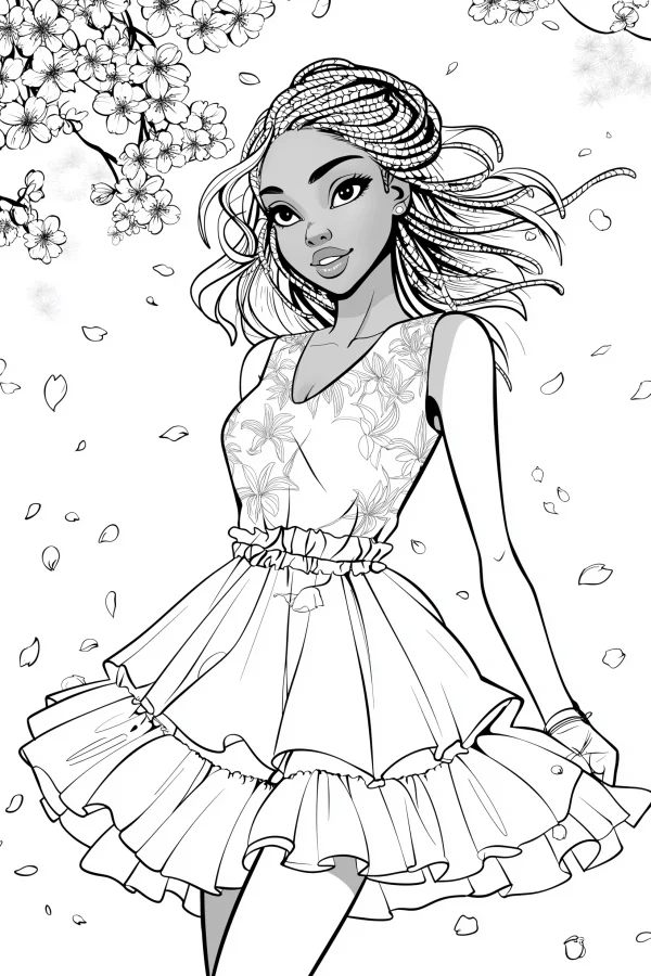 Braided girl in floral-patterned dress, cartoon illustration style — free printable flower season coloring book page