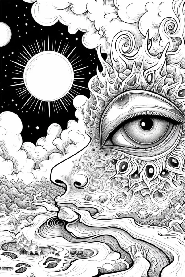 Surreal face with giant eye merged with natural landscape, abstract psychedelic style — free printable surreal coloring book page