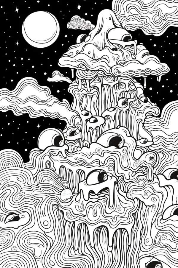 Melting fantasy creature with multiple eyes, surreal abstract style — free printable surreal coloring book page