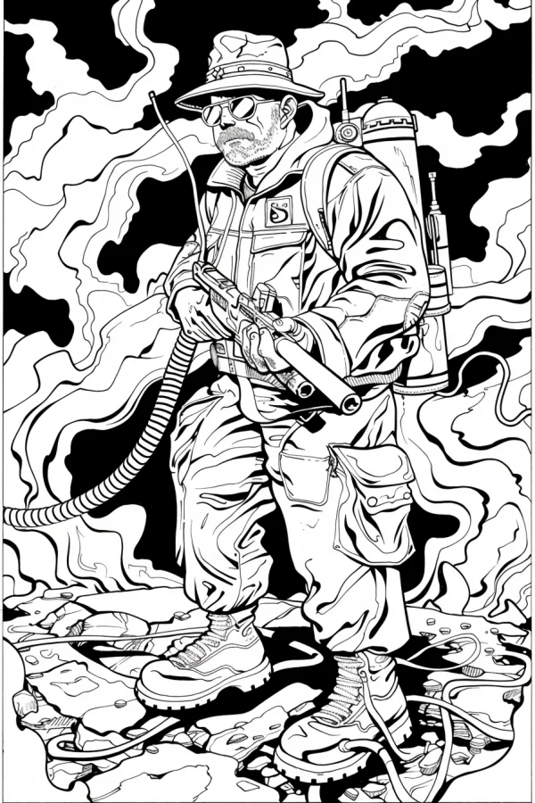 Firefighter in full gear holding a flamethrower, realistic illustration style — free printable firefighters coloring book page