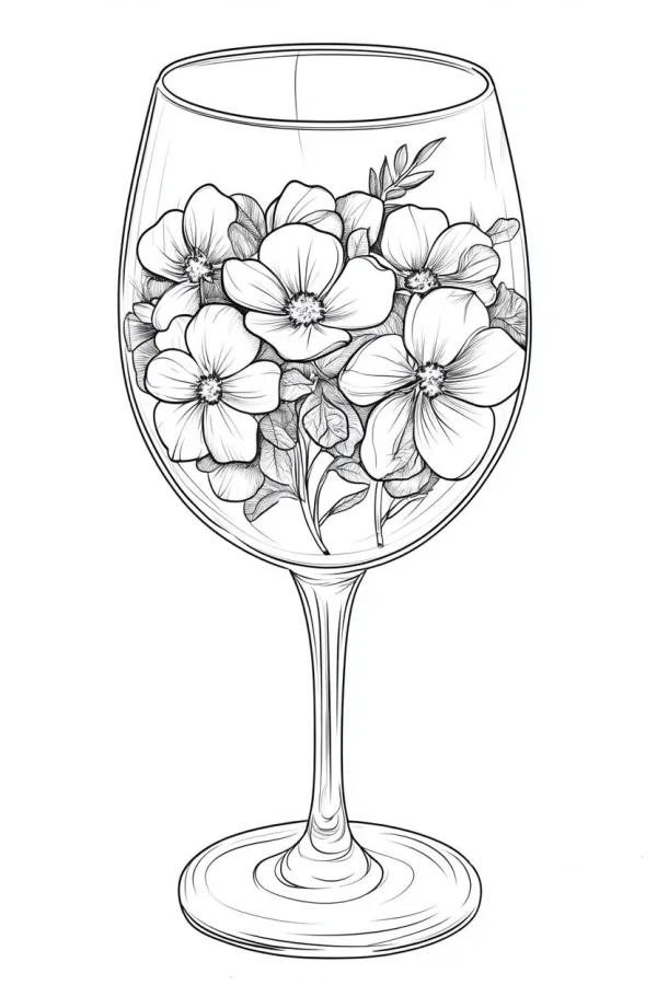 Wine glass filled with a bouquet of flowers, sketch style — free printable living items coloring book page