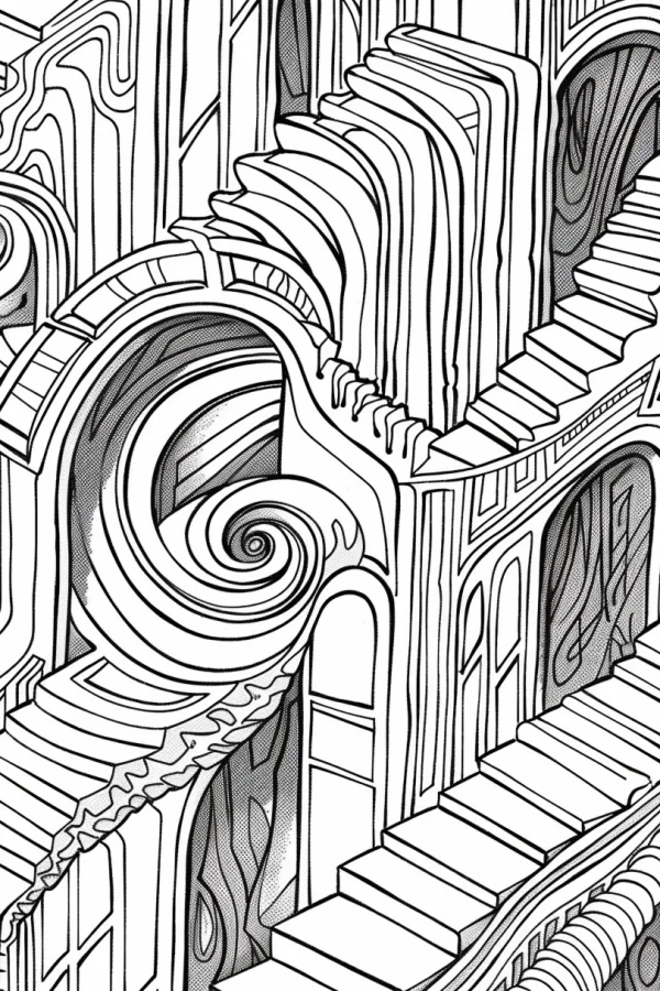 Impossible architectural space with stairs and spirals, surreal style — free printable surreal coloring book page