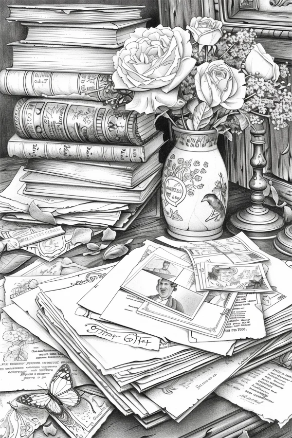 Vintage desk still life with stacked books, rose flowers in porcelain vase — free printable nostalgia coloring book page