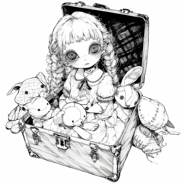 Curly-haired girl with patched stuffed toys in a vintage suitcase, dark fairy tale cartoon style — free printable dolls coloring book page