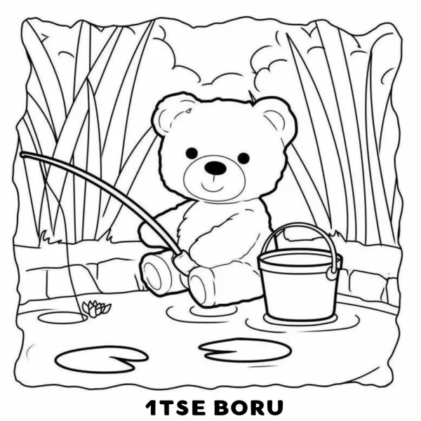 Cute teddy bear fishing, cartoon style — free printable fishing coloring book page