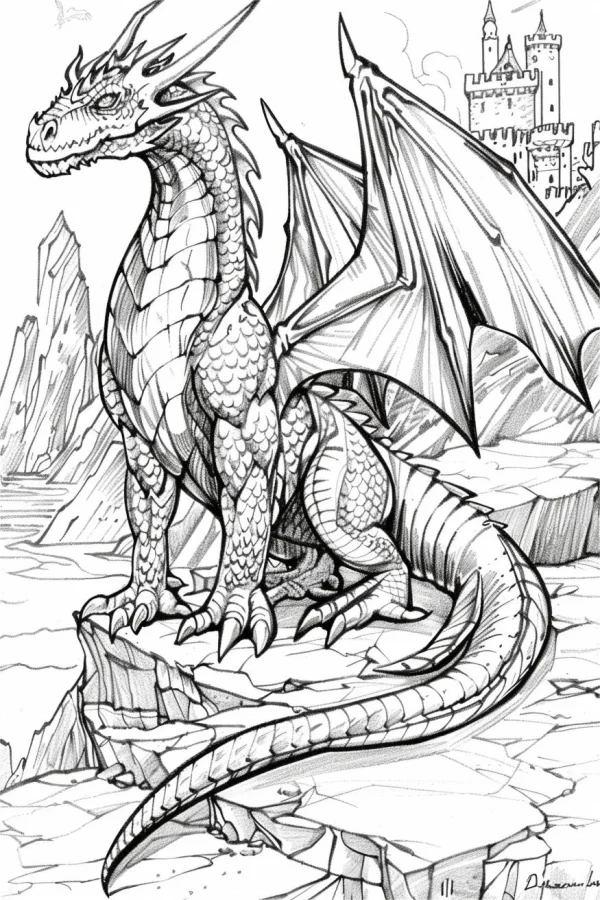 Western dragon standing on rocky cliffs, realistic line art style — free printable scenery coloring book page