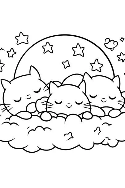 Three sleeping cats on clouds, cartoon fairy tale style — free printable dreamy coloring book page
