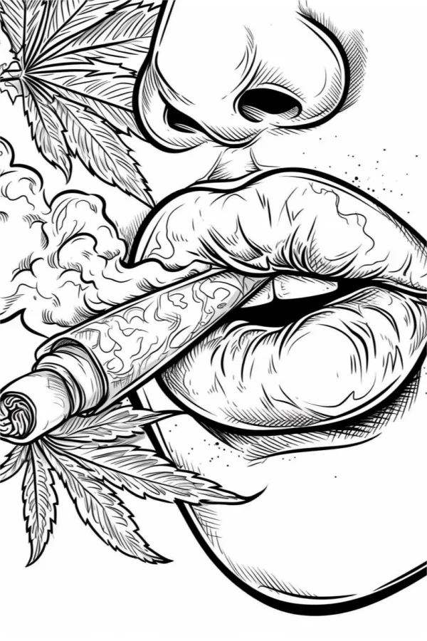 Lips holding a marijuana joint, realistic line art style — free printable alternative culture coloring book page