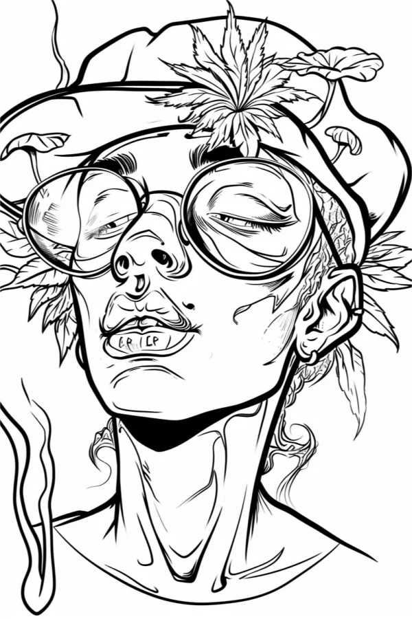 Hip-hop style character with wide-brimmed hat and round glasses, adorned with cannabis leaves and small mushrooms — free printable trendy culture coloring book page