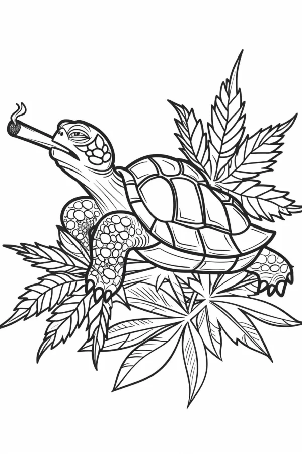 Turtle holding a joint surrounded by marijuana leaves, tattoo style — free printable cannabis culture coloring book page