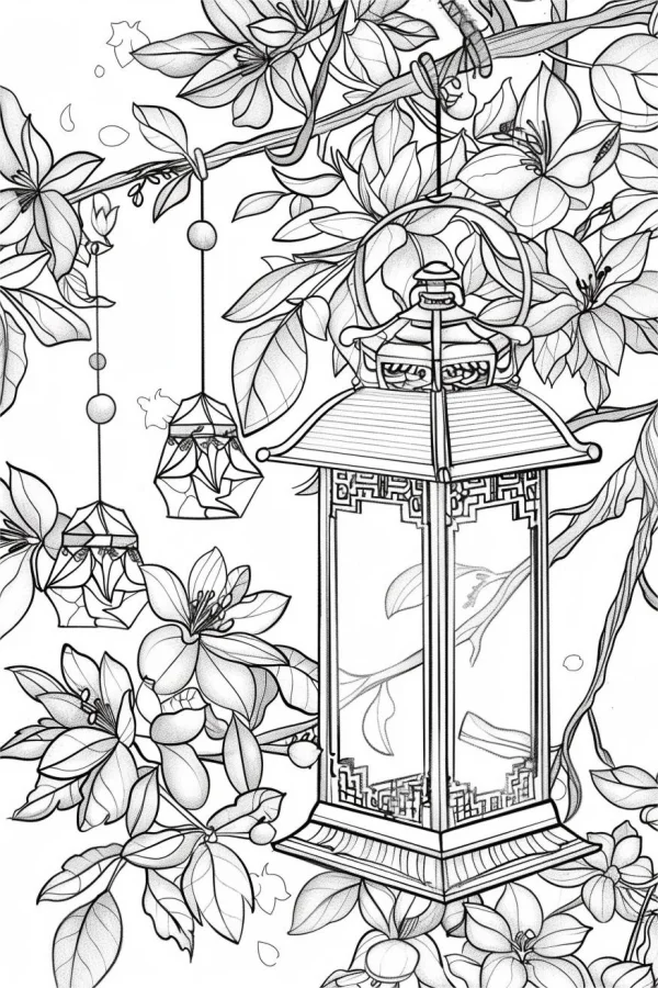 Traditional chinese lantern surrounded by blooming flowers and tree branches, chinese style — free printable spring festival coloring book page