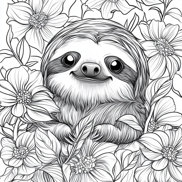 Cute sloth surrounded by blooming flowers and leaves, cartoon style — free printable mammals coloring book page