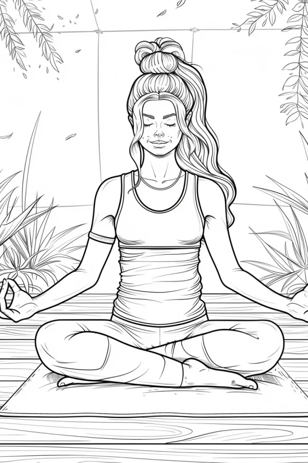 Girl doing yoga in lotus pose, realistic line art — free printable fitness coloring book page