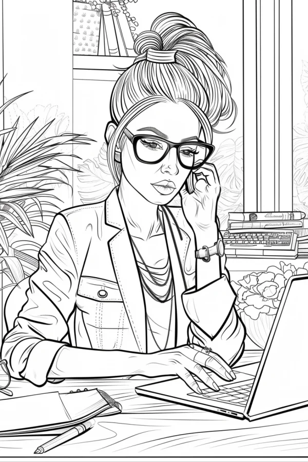Office working woman with glasses, realistic line art style — free printable workplace coloring book page