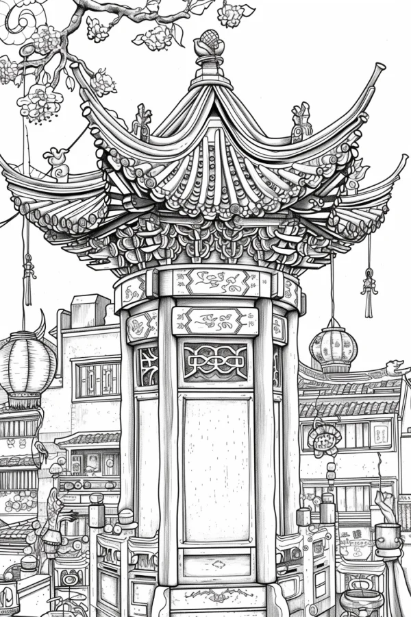 Chinese classical pavilion, chinese style — free printable traditional architecture coloring book page
