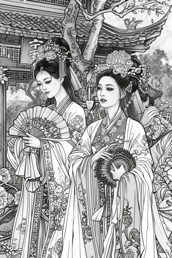 Coloring book page, ancient chinese palace ladies in traditional hanfu — free printable ancient figures coloring book page