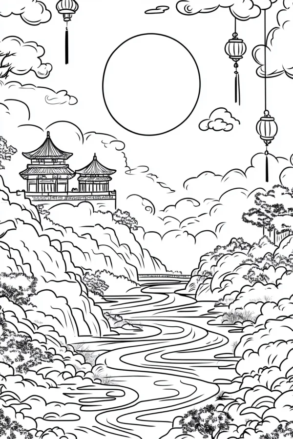 Chinese style moonlit landscape with ancient pavilions, full moon — free printable mid-autumn festival coloring book page