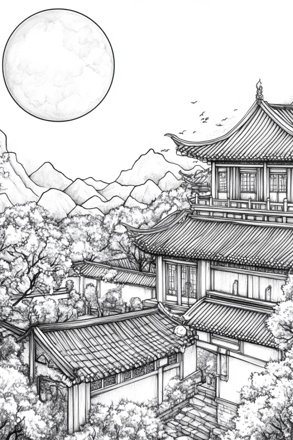 Traditional chinese ancient building complex, chinese ink sketch style — free printable mid-autumn festival coloring book page