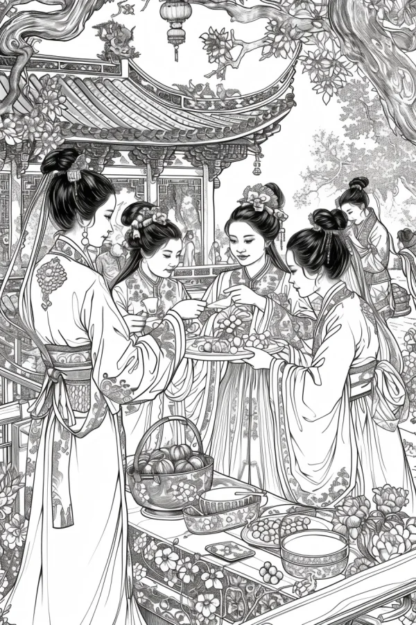 Ancient chinese women in hanfu gathering in a traditional courtyard, chinese classical style — free printable ancient life coloring book page
