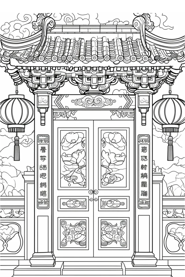 Traditional chinese courtyard gate with hanging lanterns and vertical couplets, chinese style — free printable spring festival coloring book page