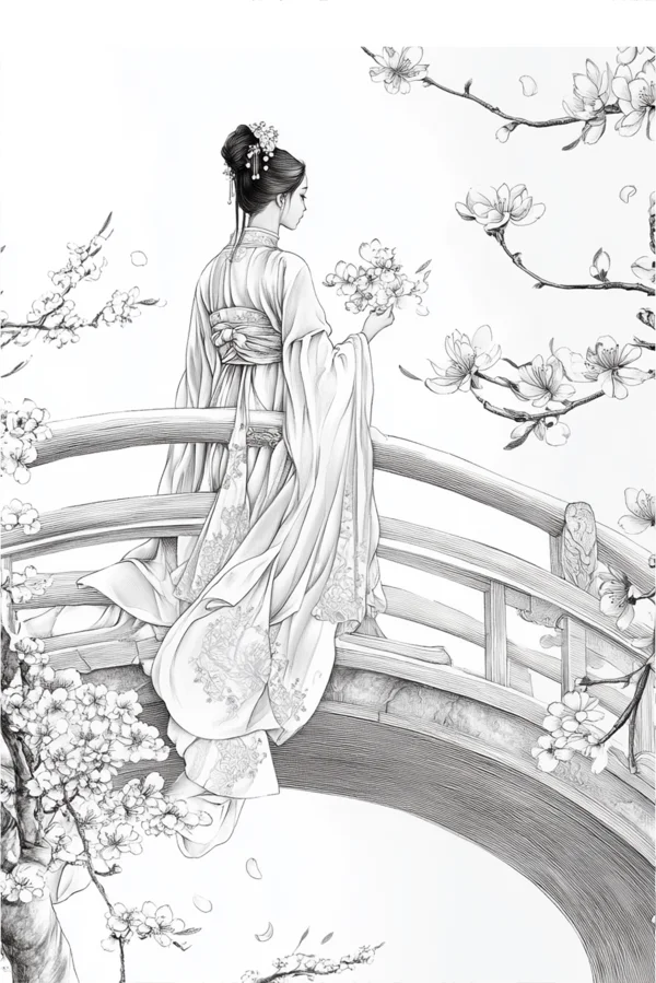 Ancient chinese woman holding magnolia flower, standing on traditional stone bridge — free printable historical figures coloring book page