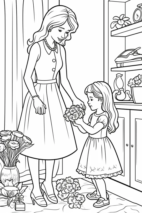 Little girl giving bouquet of flowers to her mother, cartoon style — free printable mother's day coloring book page