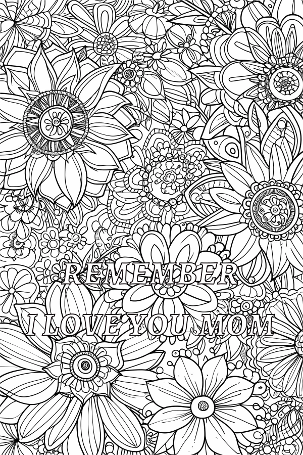 Mandala and zentangle style decorative floral patterns, with text 'remember i love you mom' — free printable mother's day coloring book page