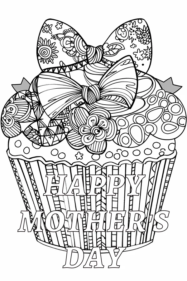 Zentangle style cupcake with double bows, mother's day theme — free printable mother's day coloring book page