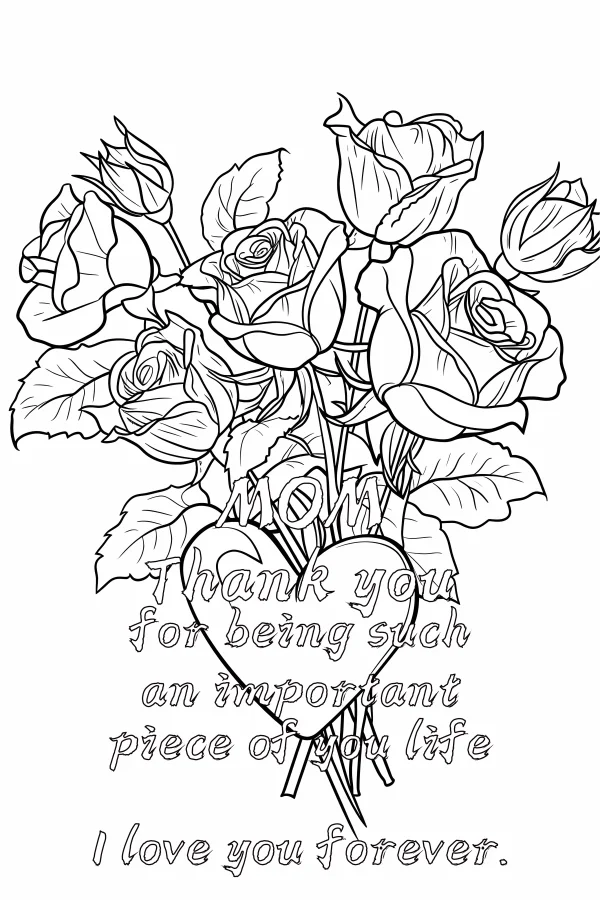 Coloring book page, bouquet of roses with heart shape and mother's day greeting text — free printable mother's day coloring book page