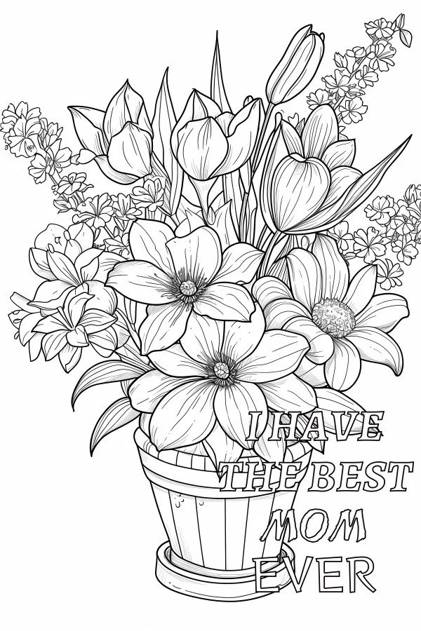 Coloring book page, potted blooming flowers — free printable mother's day coloring book page