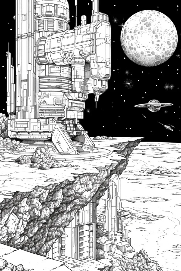 Alien sci-fi space base on rocky cliff, sci-fi style — free printable alien landscape coloring book page