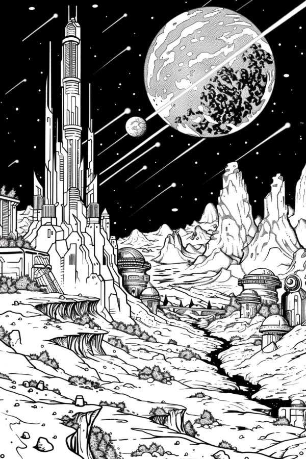 Futuristic sci-fi buildings on alien landscape, sci-fi line art style — free printable alien scenery coloring book page