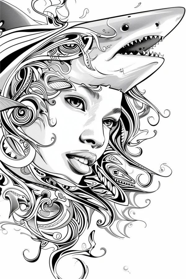 Tribal style girl merged with shark, intricate swirling tribal patterns — free printable tribal culture coloring book page