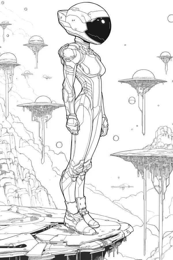 Female astronaut in full enclosed spacesuit, anime sci-fi style — free printable future coloring book page