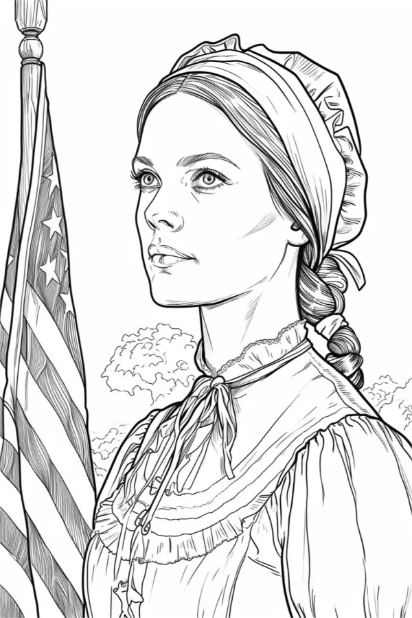 Vintage european-american woman with american flag, retro realistic style — free printable independence day coloring book page
