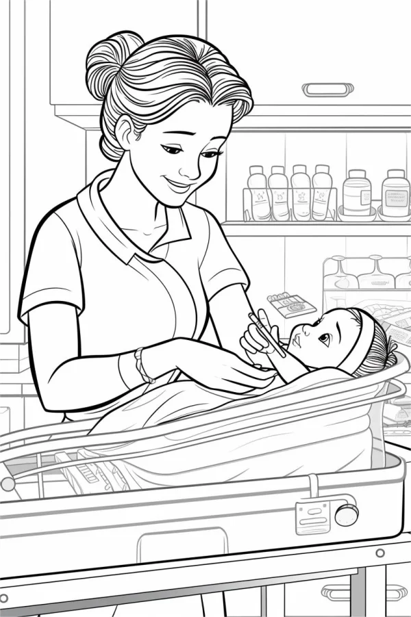 Nurse caring for a baby in a medical examination room, cartoon style — free printable career theme coloring book page