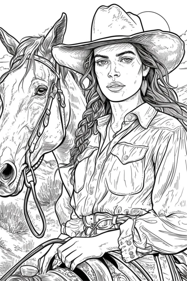 Cowgirl with horse, realistic illustration style — free printable career theme coloring book page