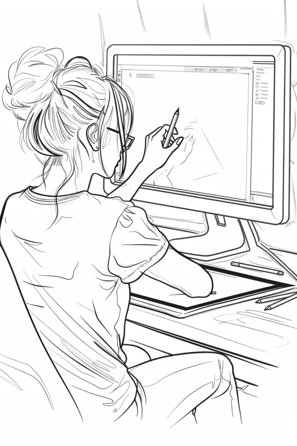 Girl drawing on graphics tablet with computer monitor, sketch illustration style — free printable artist coloring book page
