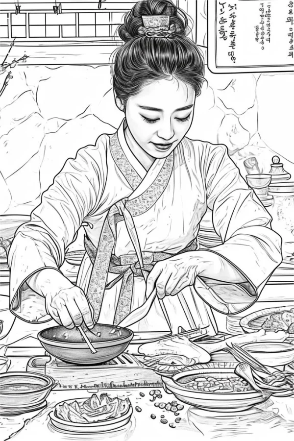 Coloring book page, korean woman in traditional hanbok preparing traditional dishes — free printable korean style coloring book page