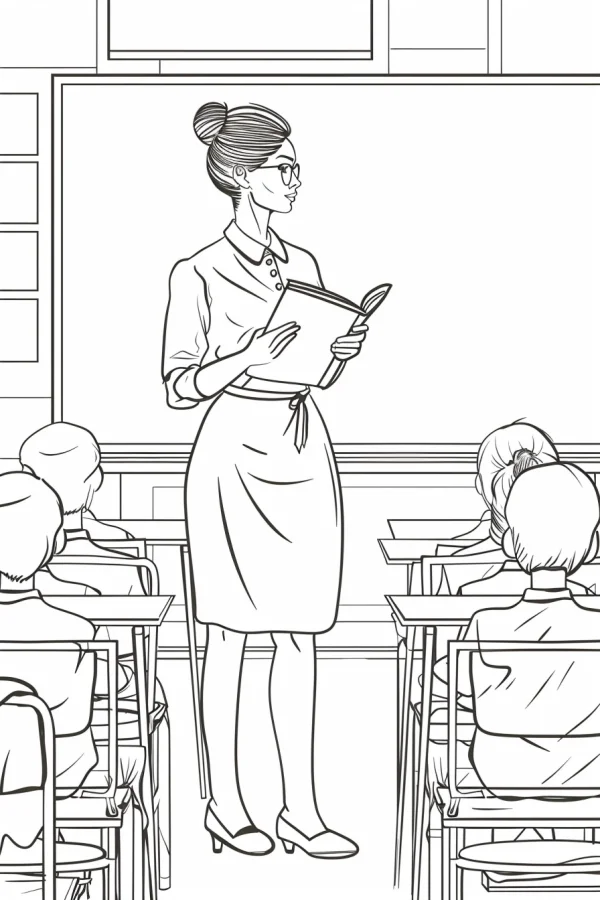 Female teacher giving lesson in classroom, sketch style — free printable teacher coloring book page