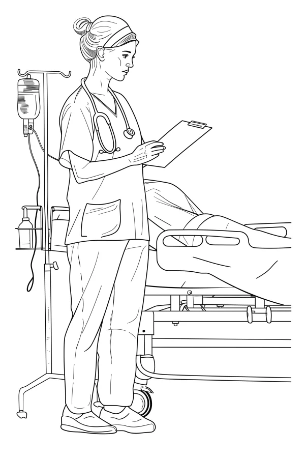 Nurse with stethoscope holding clipboard, realistic style — free printable medical coloring book page