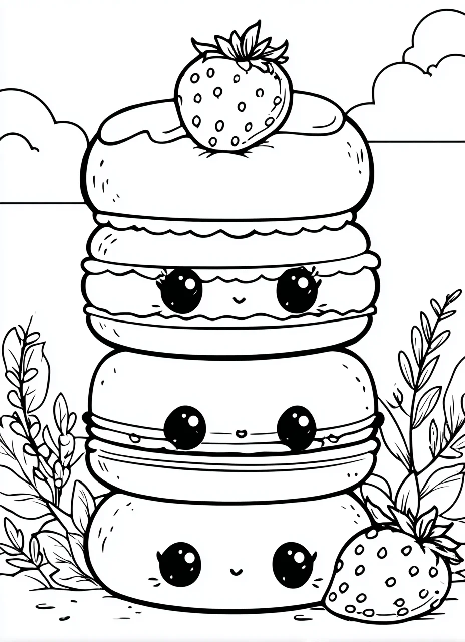 Cute stacked macarons with kawaii faces, cartoon style — cartoon style — beginner-friendly — line art coloring page — for kids and adults of all ages