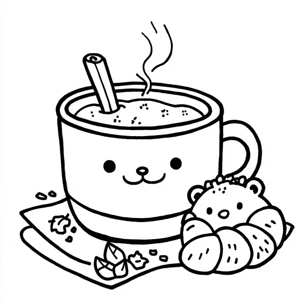 Anthropomorphic hot drink cup with cute bear-shaped bread, cartoon style — free printable coloring page