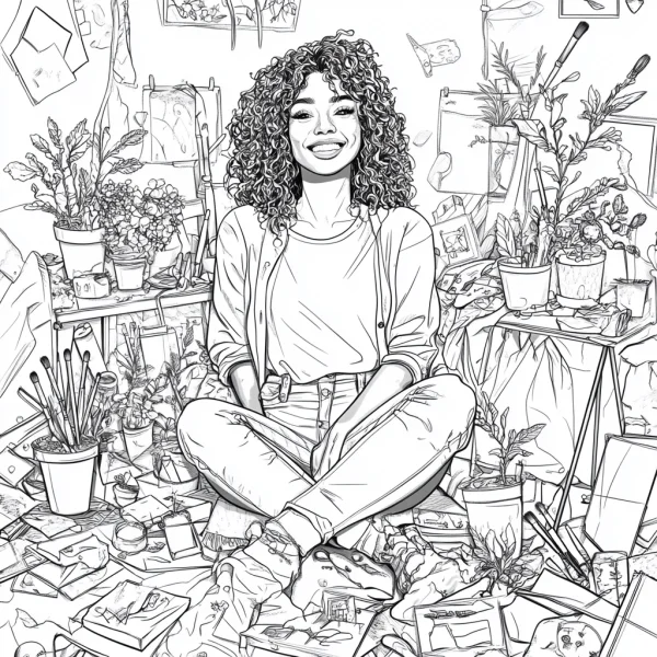 Curly-haired girl artist sitting cross-legged in a cozy art studio, surrounded by potted plants — free printable studio coloring book page