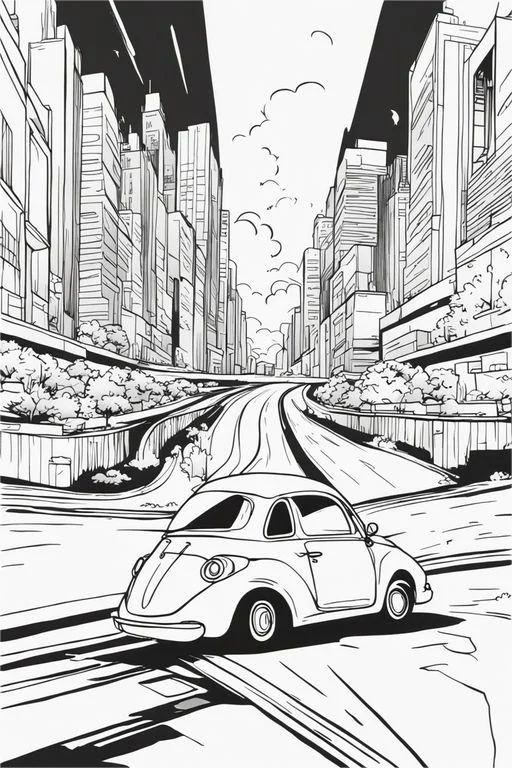 Vintage car on urban street, cartoon style — free printable modern life coloring book page