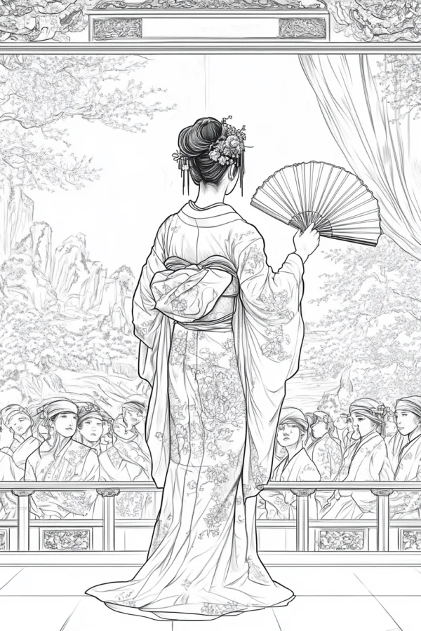 Back view of kimono girl holding a folding fan, japanese traditional style — free printable traditional culture coloring book page