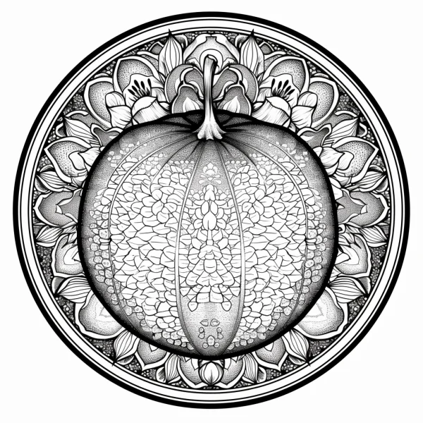 Mandala-style pumpkin, intricate symmetrical patterns with floral motifs and decorative lines — free printable mandala art coloring book page